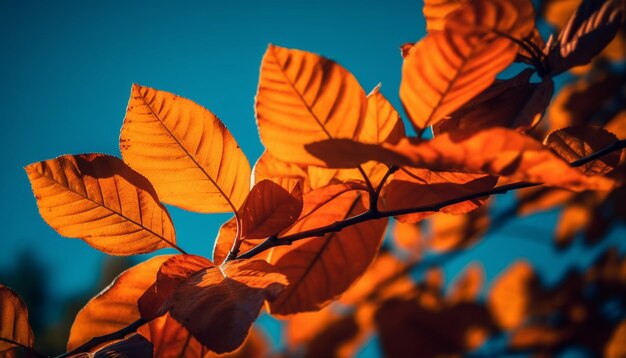 Een levendige herfstzonondergang verlicht de organische bosgroei in een close-up macro gegenereerd door kunstmatige intelligentie