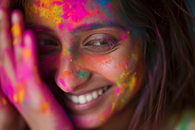 Een levendige Holi-viering gevangen terwijl een jonge Indiase vrouw zich vreugdevol bezighoudt met kleuren