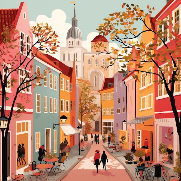 Een levendige illustratie van een drukke straat in Kopenhagen