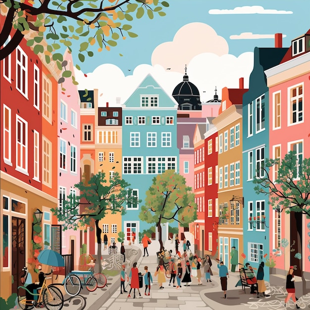 Een levendige illustratie van een drukke straat in Kopenhagen