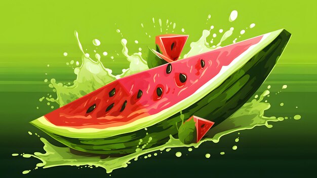 Een levendige illustratie van een stukje watermeloen met spetterend sap