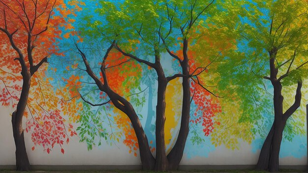 Een levendige kleurrijke boom met een spectrum aan bladeren en takken die een boeiende muurschildering creëren