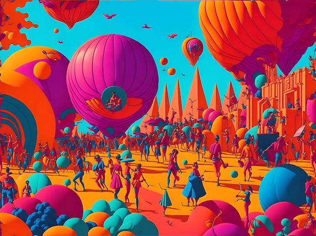 Een levendige kleurrijke scène van mensen die spelen in een virtuele wereld met eindeloze mogelijkheden