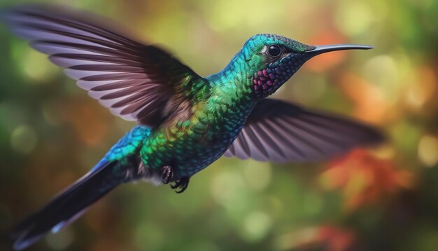 Foto een levendige kolibrie zweeft in de lucht en spreidt iriserende vleugels uit in beweging gegenereerd door kunstmatige intelligentie.