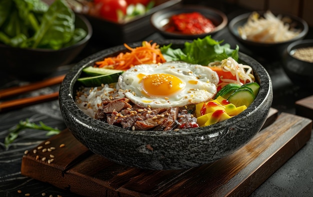 Een levendige kom Bibimbap een Koreaanse gemengde rijst gerecht bekroond met kleurrijke groenten rundvlees en een gebakken ei