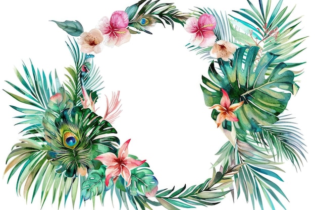 Foto een levendige krans van tropische bladeren en bloemen op een witte achtergrond ideaal voor tropische ontwerpen