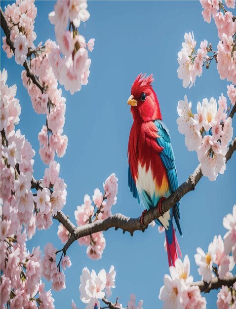 Een levendige Lilli-vogel bovenop een bloeiende kersenbloesemboom