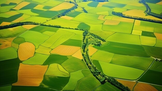 Een levendige luchtbeeld van weelderige groene boerderijen, perfect voor advertenties voor agribusiness