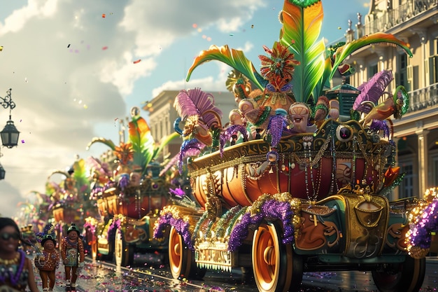 Een levendige Mardi Gras parade met uitgebreide wagens