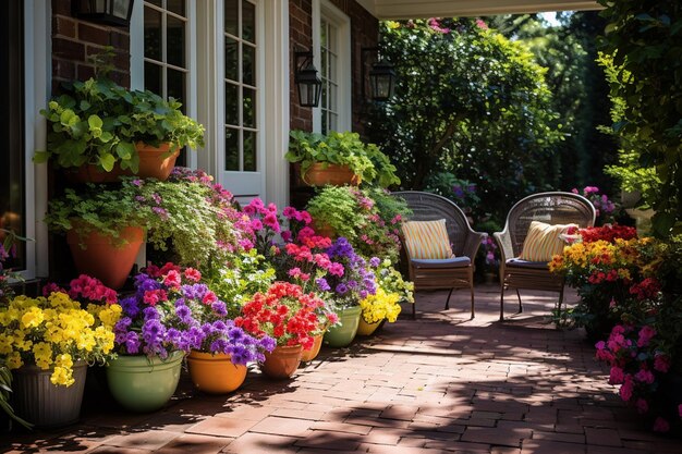 Een levendige met bloemen gevulde patio met kleurrijke containers