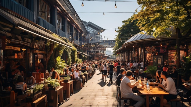 Een levendige openluchtvoedselbazaar met een verscheidenheid aan internationale gastronomische lekkernijen