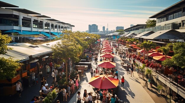 Een levendige openluchtvoedselbazaar met een verscheidenheid aan internationale smaken en lekkernijen