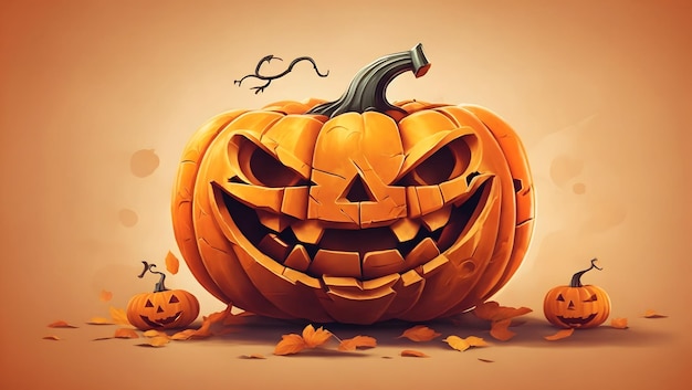 Een levendige oranje Halloween pompoen met een ondeugende glimlach en een angstaanjagende groene stengel