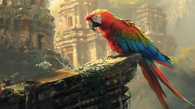 Een levendige papegaai-reiziger zit midden in de overblijfselen van een oude tempel