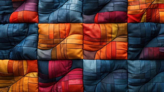 Een levendige patchworkquilt met een geometrisch patroon met een rijk palet van roodblauw, oranje en geel