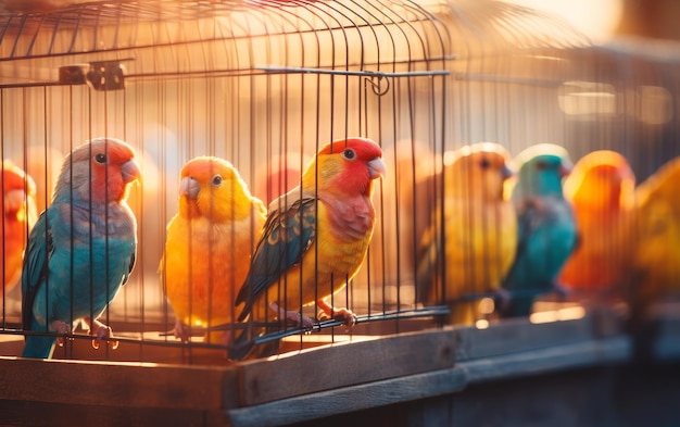 Een levendige reeks kleurrijke vogels die in een kooi zitten