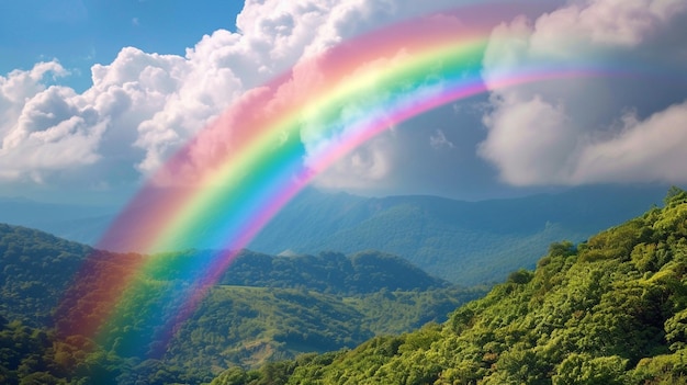 Foto een levendige regenboog die na een voorjaarsregen over de hemel boogt en een landschap van hernieuwde groei omlijst