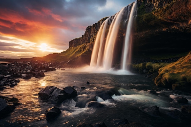 Een levendige regenboog over een waterval