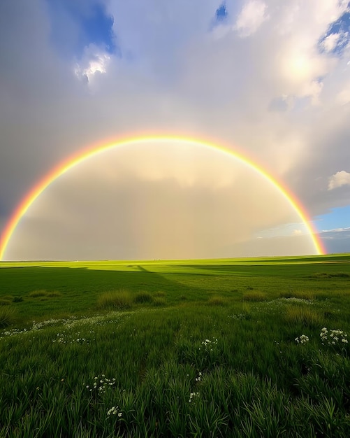 Een levendige regenboog over een weelderig groen veld onder een bewolkte hemel