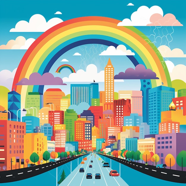 Een levendige regenboog over het bruisende stadsbeeld