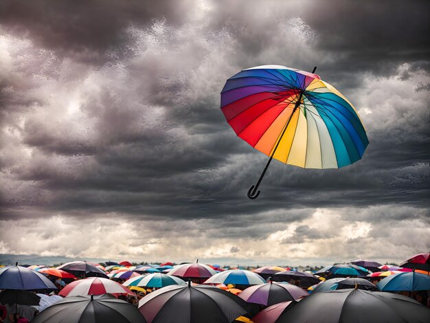 Een levendige regenboogkleurige paraplu staat op tegen een achtergrond van eendelige paraplu's