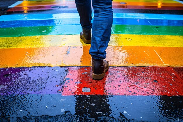 Foto een levendige reis kleurrijke stappen over een regenbogen oversteek