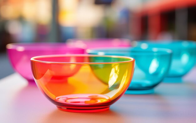 Foto een levendige rij schalen in verschillende kleuren netjes op een houten tafel gerangschikt