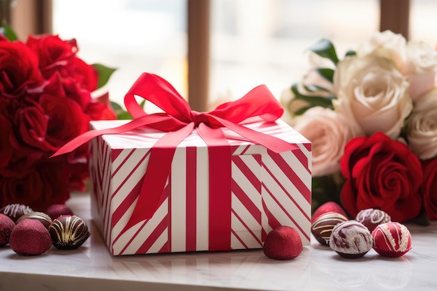 Een levendige rood-witte geschenkdoos gebonden met een feestelijk rood lint perfect voor elke speciale gelegenheid Klassieke rood-en-wit gestreepte Valentijnsdag geschenkdoos AI gegenereerd