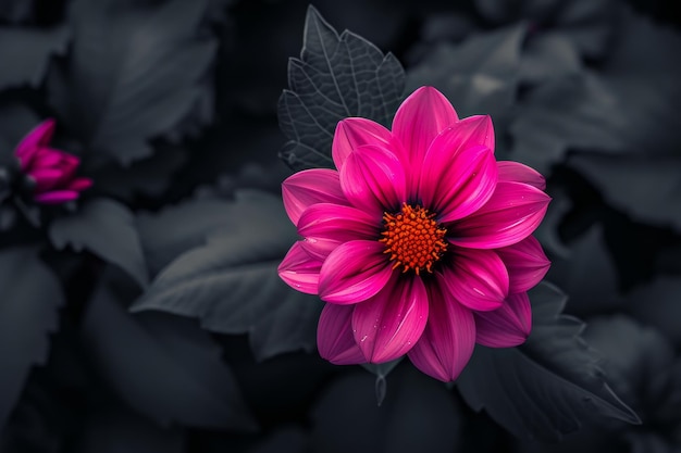 Een levendige roze bloem tegen een monochrome bladeren achtergrond