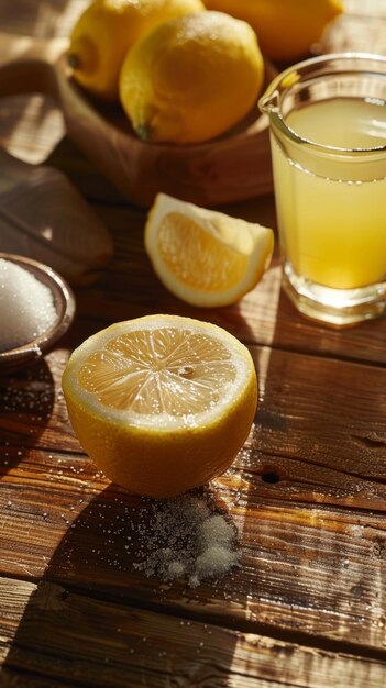 Foto een levendige sappige citroensnijd zit op een rustiek houten oppervlak omringd door een glas limonade en andere rekwisieten die een uitnodigende en verfrissende scène creëren