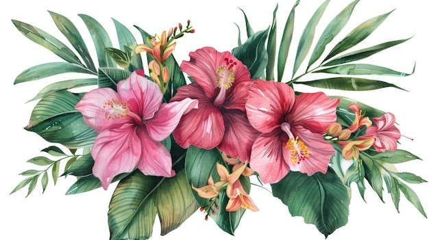 Foto een levendige schilderij van roze bloemen en weelderige groene bladeren die perfect is voor huisdecoratie of botanische illustraties