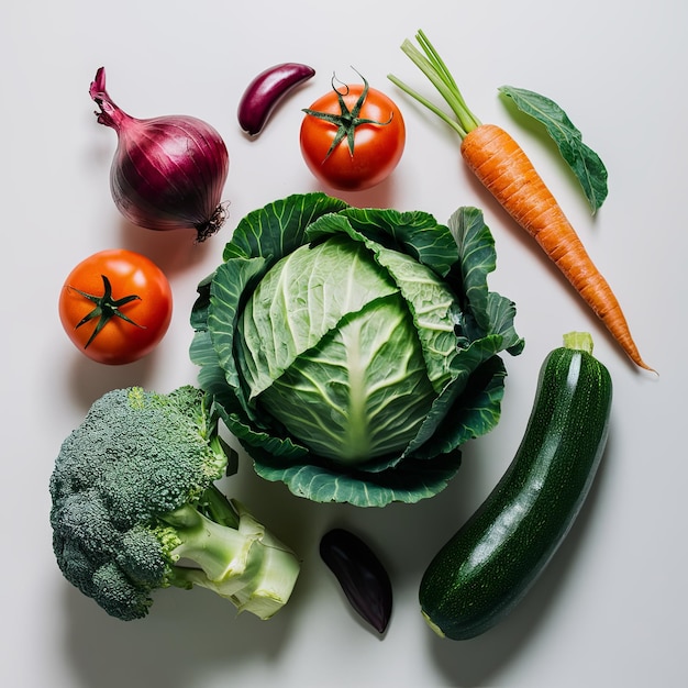 Een levendige selectie van verse biologische groenten, waaronder tomaten, wortelkool, broccoli, zucchini en een ui op een witte achtergrond.