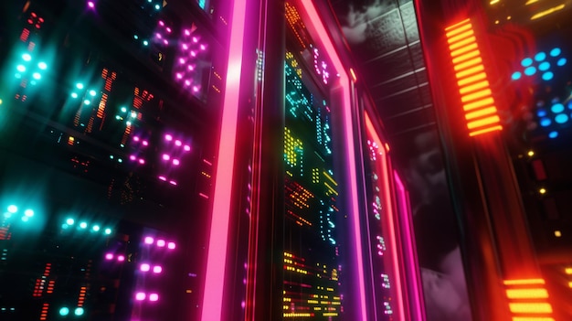 Een levendige serverruimte met neonverlichting die de complexiteit en kracht van de technologie weerspiegelt