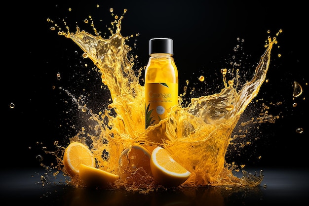 Een levendige splash van een gele energiedrank op een zwarte achtergrond.