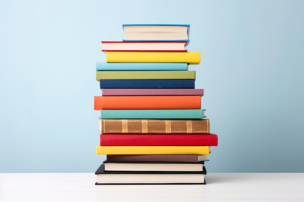 Een levendige stapel boeken op een houten tafel, perfect voor terug naar school