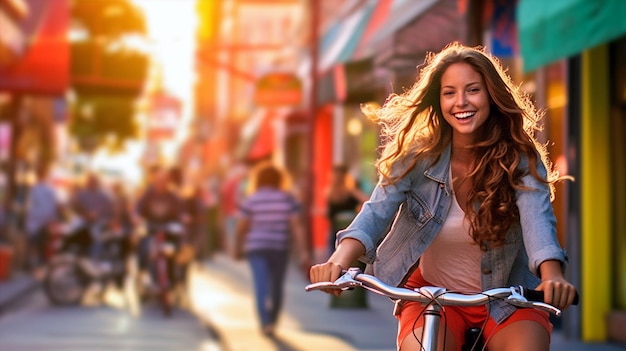 Een levendige stedelijke levensstijl met een jonge vrouw die door een drukke stadsstraat fietst