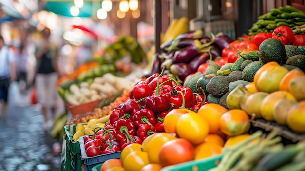 Een levendige straatmarkt met kleurrijke vruchten en groenten
