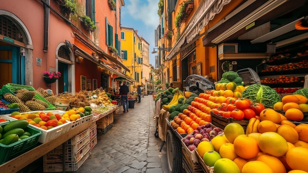 Een levendige straatmarkt met kleurrijke vruchten en groenten