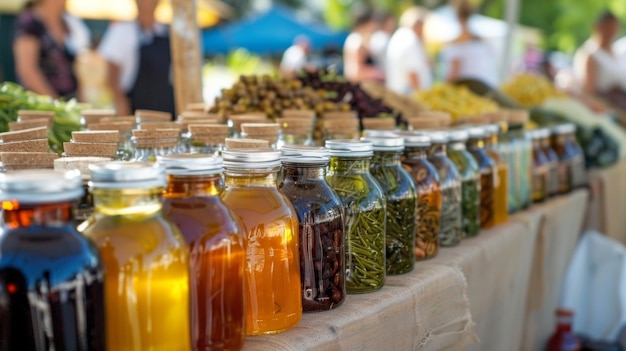 Een levendige straatmarkt vol met een verscheidenheid aan zelfgemaakte organische biobrandstoffen, van algen tot