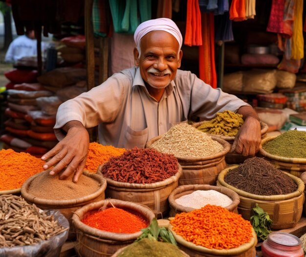 Een levendige straatverkoper die traditionele kruiden verkoopt