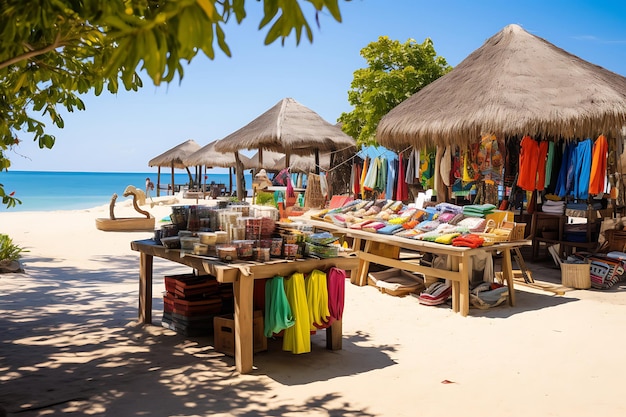 Een levendige strandmarkt met souvenirs en lokale goederen