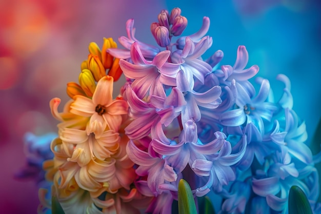 Een levendige symfonie van kleuren Close-up beeld van een hyacinthengroep in volle bloei