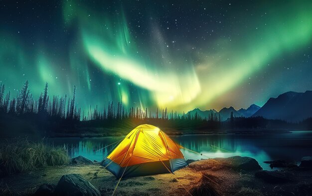 Een levendige tent gloeit onder de betoverende Aurora Borealis