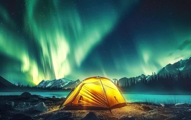 Een levendige tent gloeit onder de betoverende Aurora Borealis