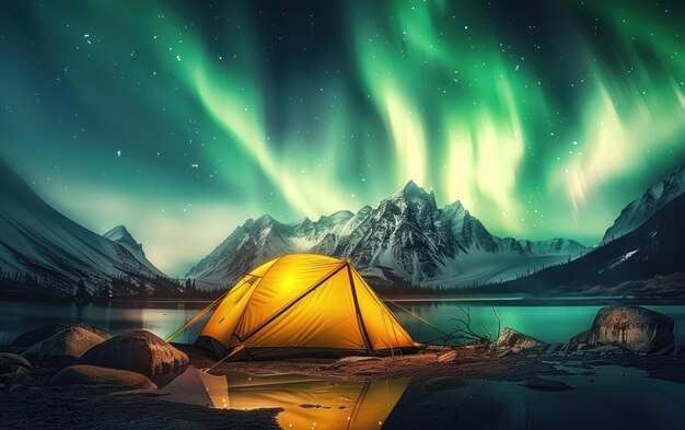 Een levendige tent gloeit onder de betoverende Aurora Borealis