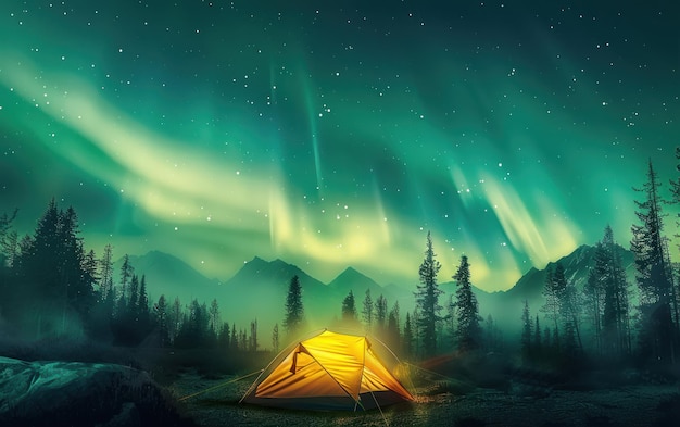 Een levendige tent gloeit onder de betoverende Aurora Borealis