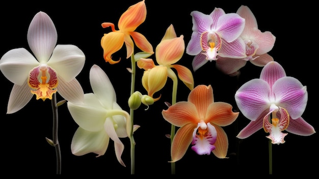 Een levendige tentoonstelling van orchideeën tegen een dramatische zwarte achtergrond