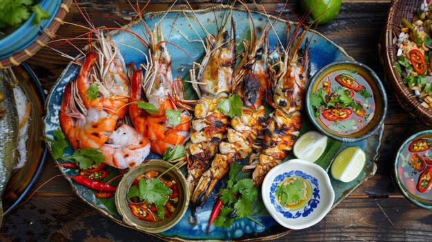Een levendige Thaise zeevruchten schotel met gegrilde garnalen gestoomde vis met limoen en chili en pittige zeevruchten salade een kust delicatesse
