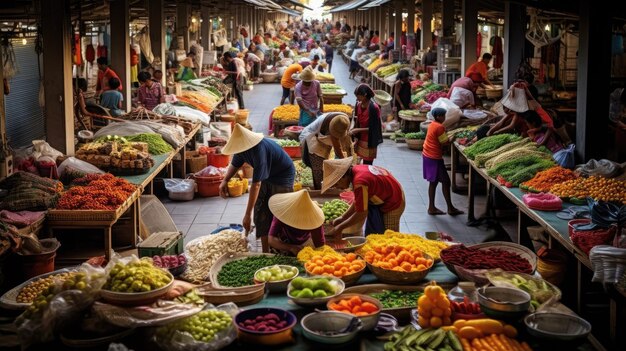 Een levendige traditionele markt in Indonesië