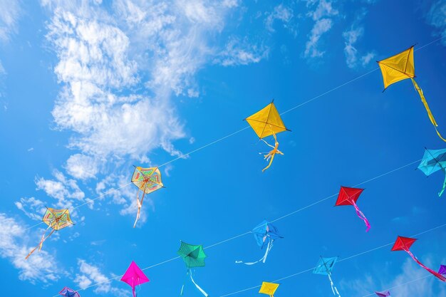 Een levendige verzameling vliegers die door de lucht zweven en een spektakel van kleur en beweging creëren. Heldergekleurde vliegers vliegen tegen een levendige blauwe zomerhemel.